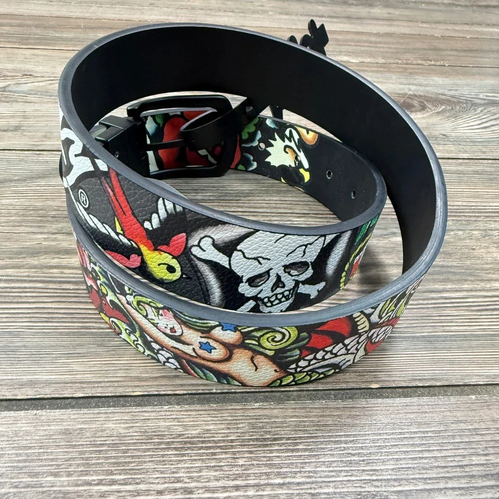 Ed Hardy Mens Size 32 Reversible Belt Black Grey Tattoo Graphic Skull NWT